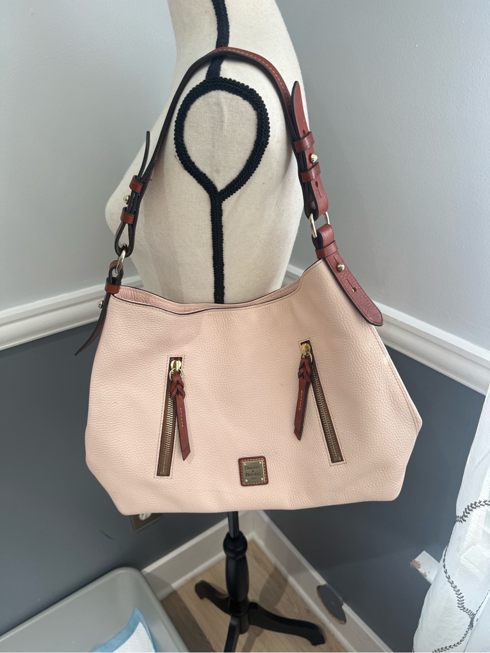Dooney & Bourke Cooper Pale Pink Pebble Leather Hobo Bag with Brown Trim